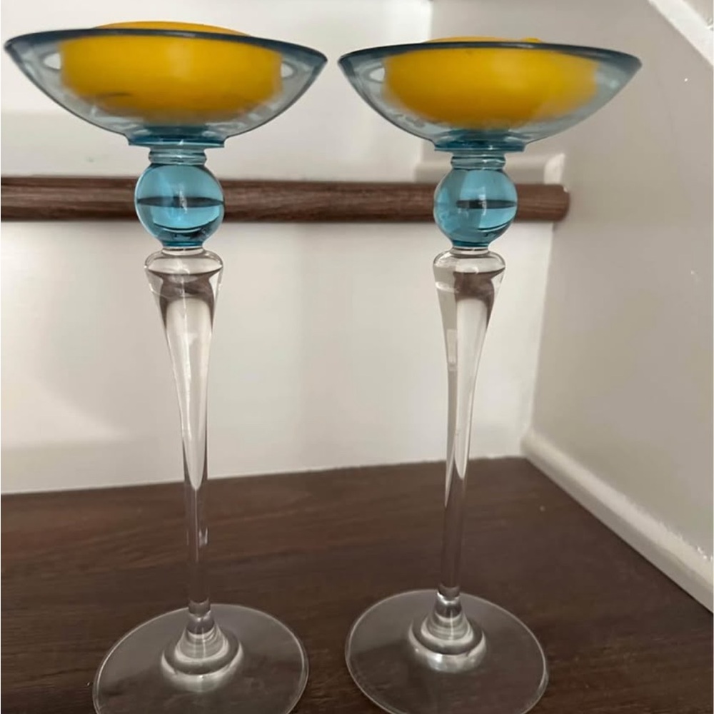 Elegant Blue Glass Candle Holders x2